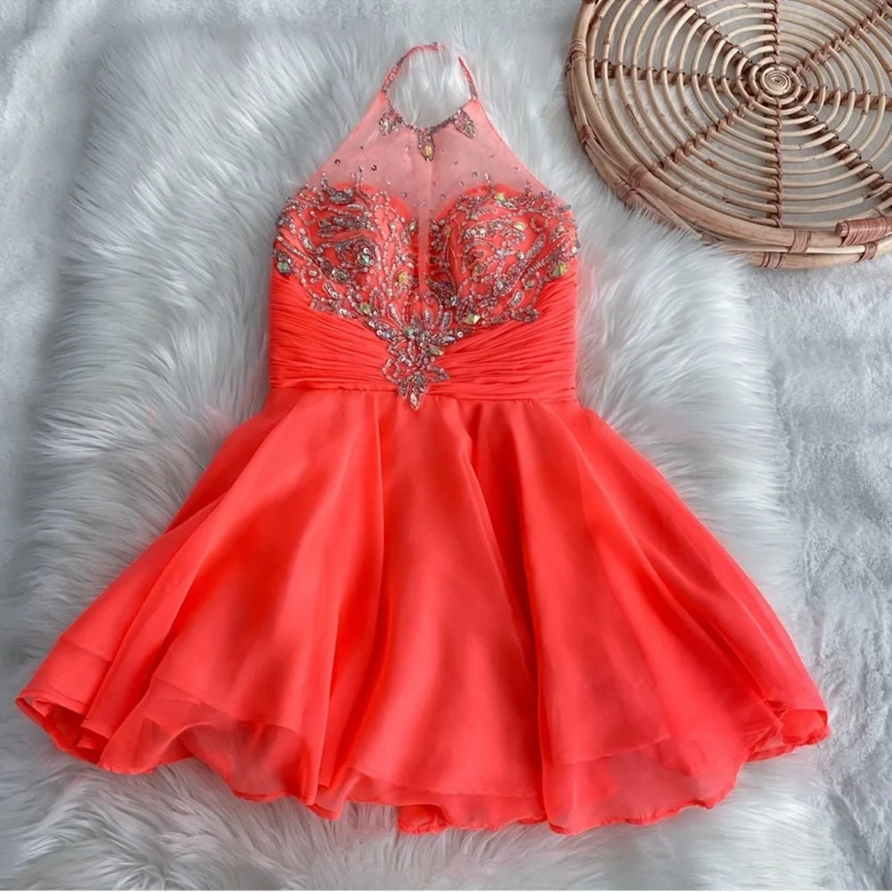 Mac Duggal Mini Sheer Halter Neck Jeweled Dress Coral Orange Sequins Puffy Skirt